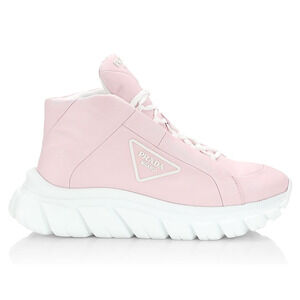 Prada Rush Piuma Nylon Pink White Platform Flat High Top Trainer Sneaker 37.5